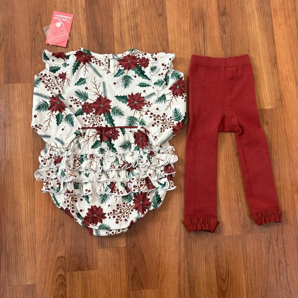 RuffleButts Holiday Bubble Romper in Poinsettia + Leggings Size 12 - 18 mo